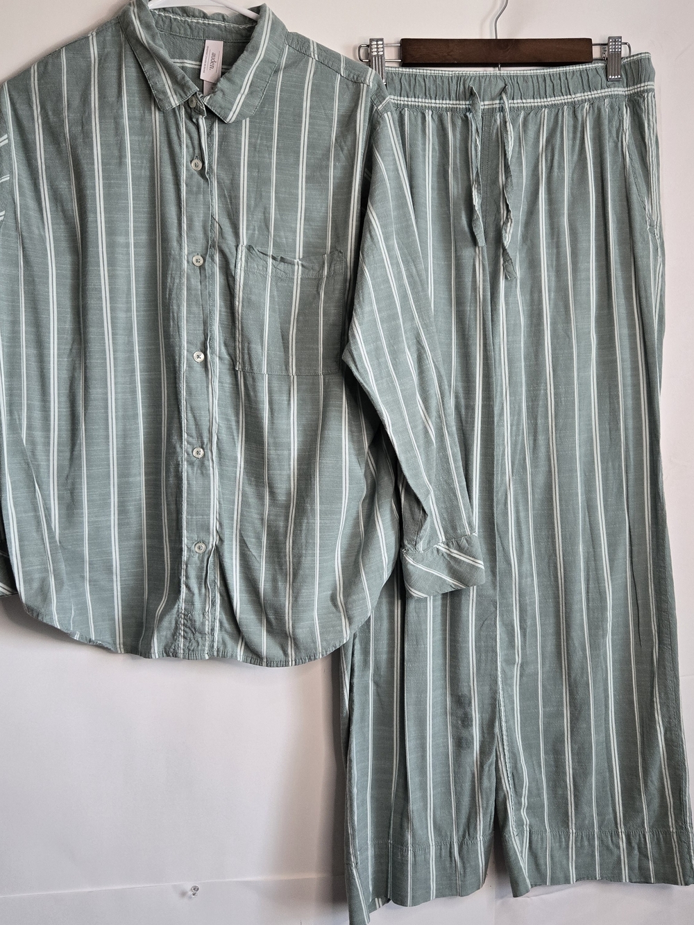 Auden Pajama Set Striped Button Down Wide Leg Pants Green white Womens Size M